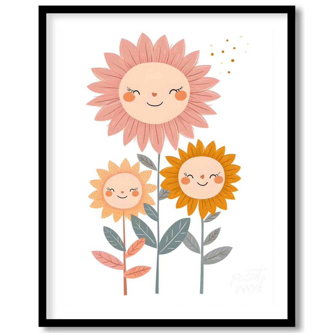 This endearing poster features a trio of cheerful sunflowers—each with a delightful face—that bring… for sweet home