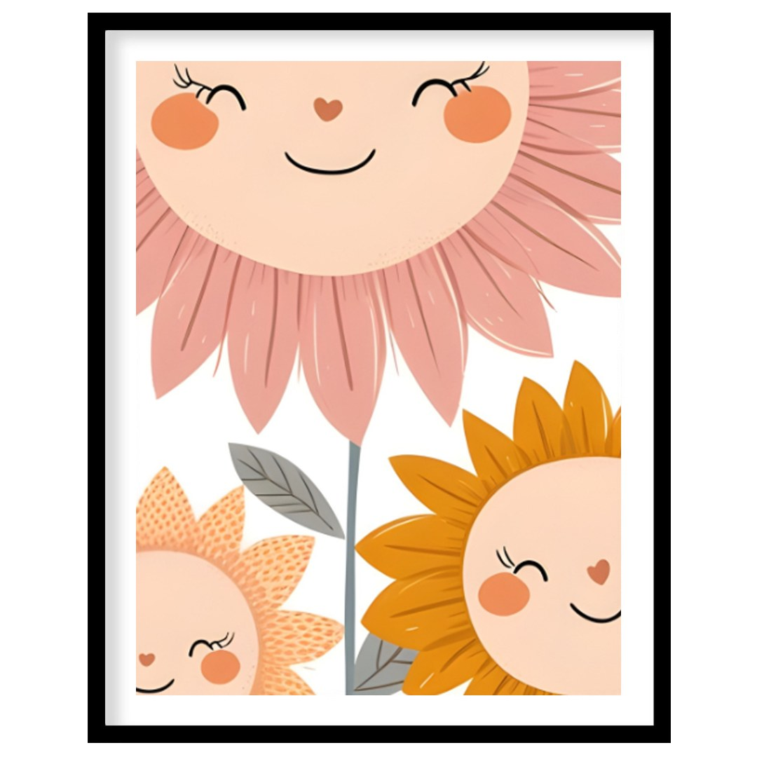 This endearing poster features a trio of cheerful sunflowers—each with a delightful face—that bring… for sweet home