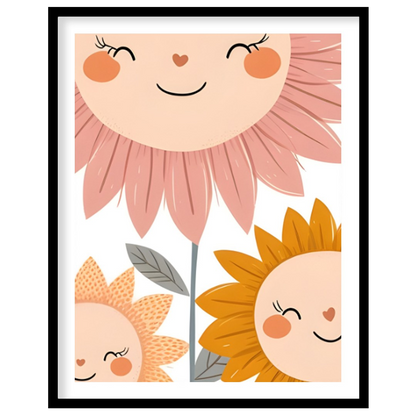 This endearing poster features a trio of cheerful sunflowers—each with a delightful face—that bring… for sweet home