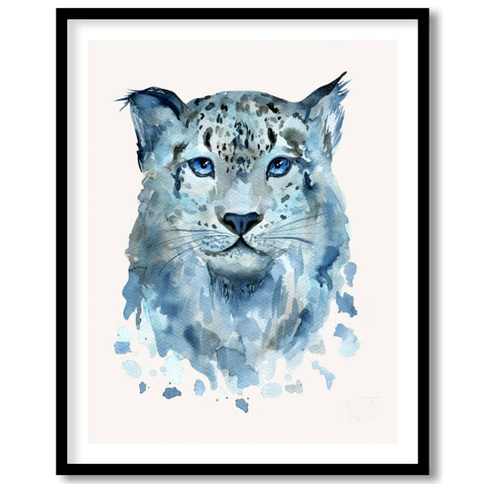 This watercolor painting captures the serene beauty of a snow leopard's face. The artist uses soft,… for area