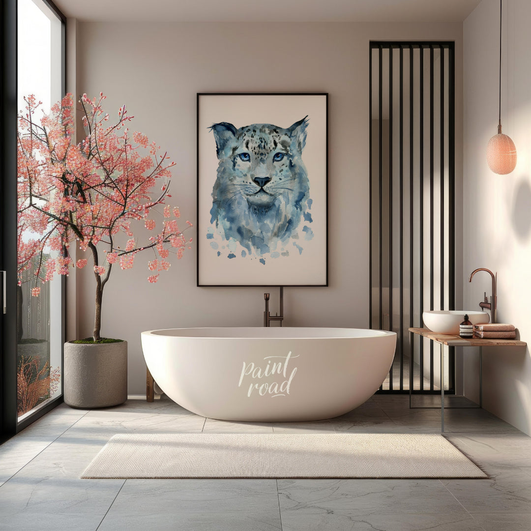 This watercolor painting captures the serene beauty of a snow leopard's face. The artist uses soft,… for bathroom