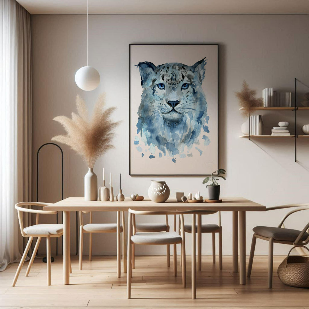 This watercolor painting captures the serene beauty of a snow leopard's face. The artist uses soft,… for dining room