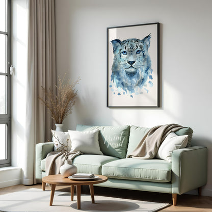 This watercolor painting captures the serene beauty of a snow leopard's face. The artist uses soft,… for living room