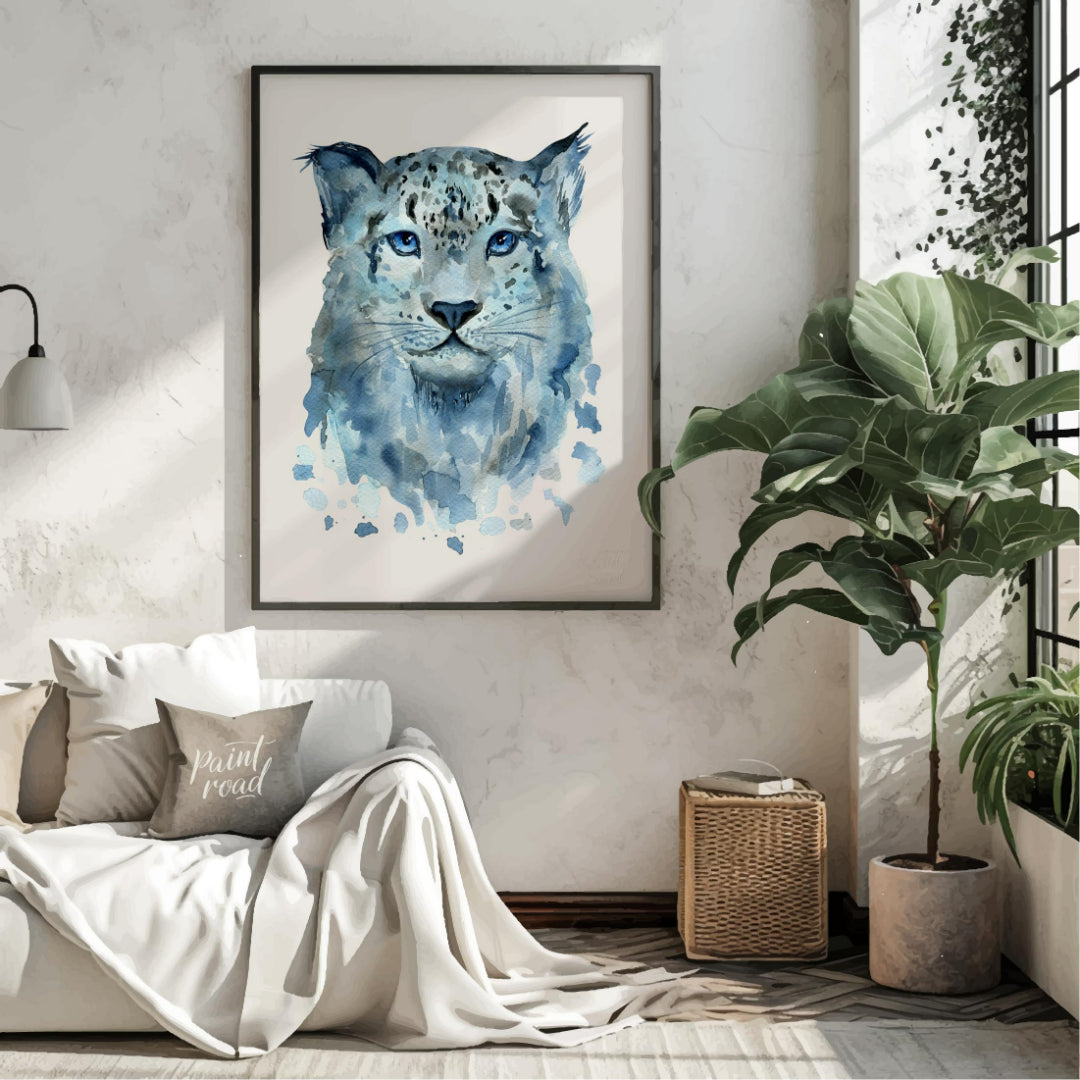This watercolor painting captures the serene beauty of a snow leopard's face. The artist uses soft,… for living room