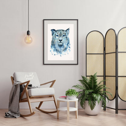 This watercolor painting captures the serene beauty of a snow leopard's face. The artist uses soft,… for living room