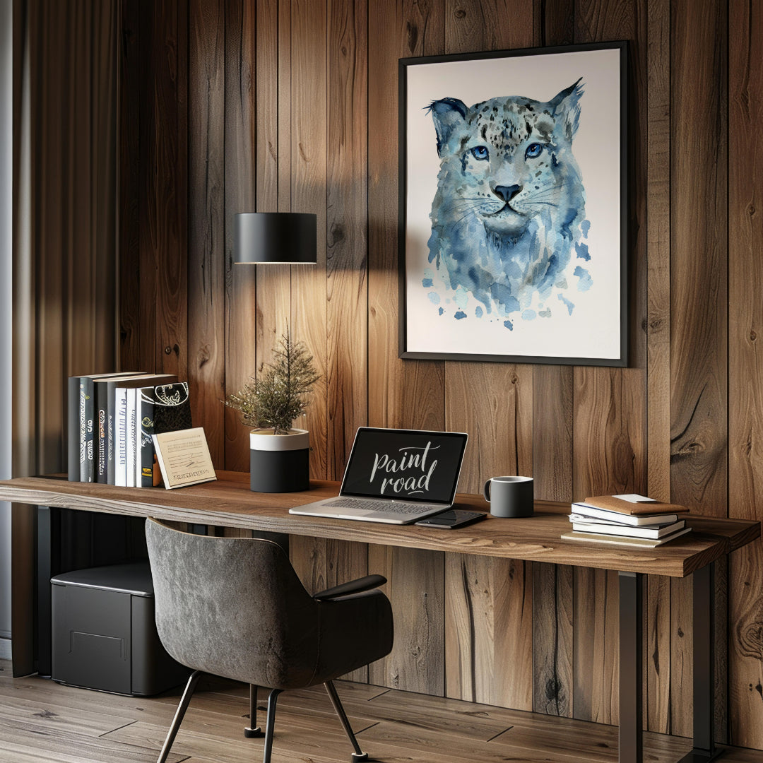 This watercolor painting captures the serene beauty of a snow leopard's face. The artist uses soft,… for office