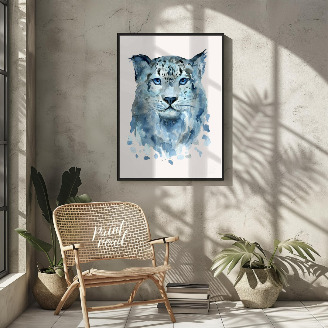 This watercolor painting captures the serene beauty of a snow leopard's face. The artist uses soft,… for other