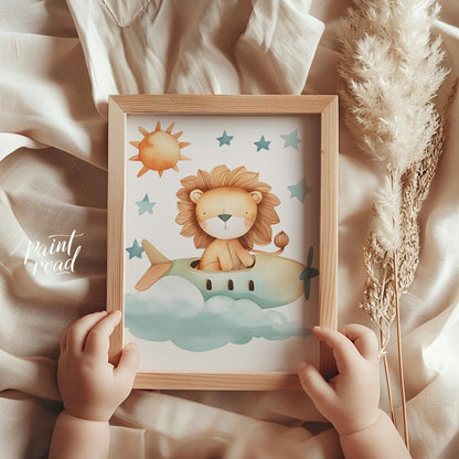 This delightful illustration captures a whimsical moment where a regal lion takes to the skies in a… for nursery
