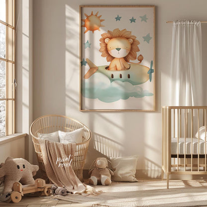 This delightful illustration captures a whimsical moment where a regal lion takes to the skies in a… for nursery