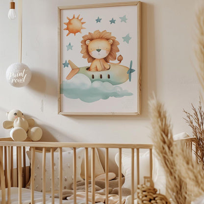 This delightful illustration captures a whimsical moment where a regal lion takes to the skies in a… for nursery