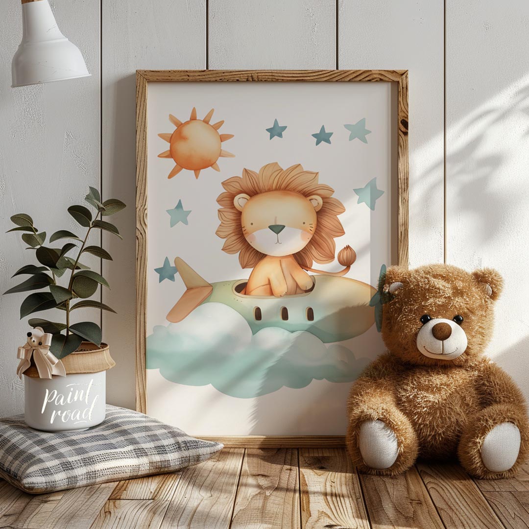 This delightful illustration captures a whimsical moment where a regal lion takes to the skies in a… for nursery