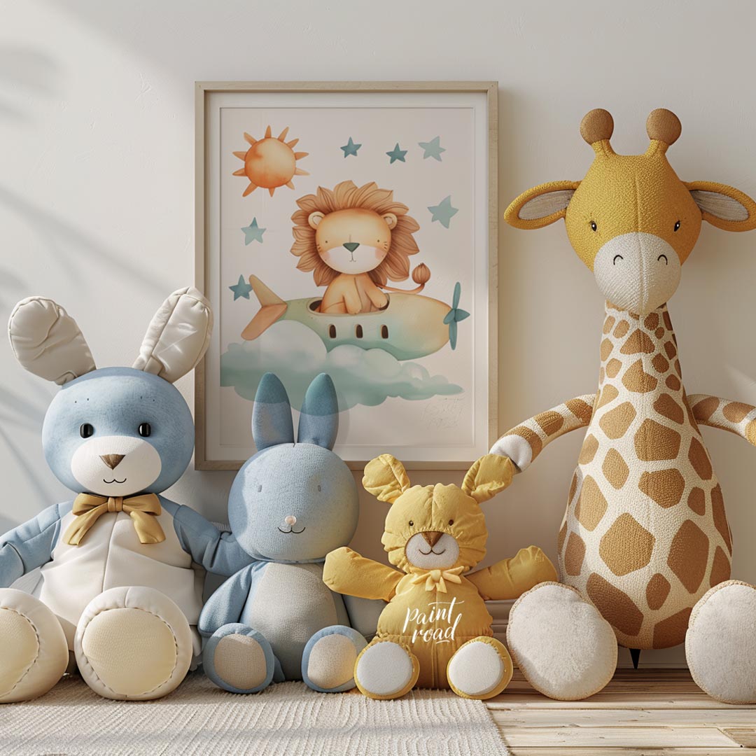 This delightful illustration captures a whimsical moment where a regal lion takes to the skies in a… for nursery