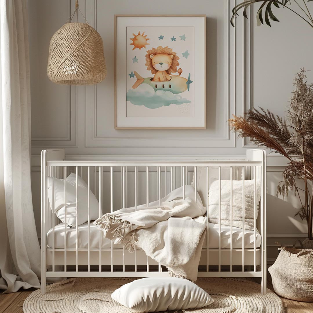 This delightful illustration captures a whimsical moment where a regal lion takes to the skies in a… for nursery