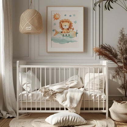 This delightful illustration captures a whimsical moment where a regal lion takes to the skies in a… for nursery