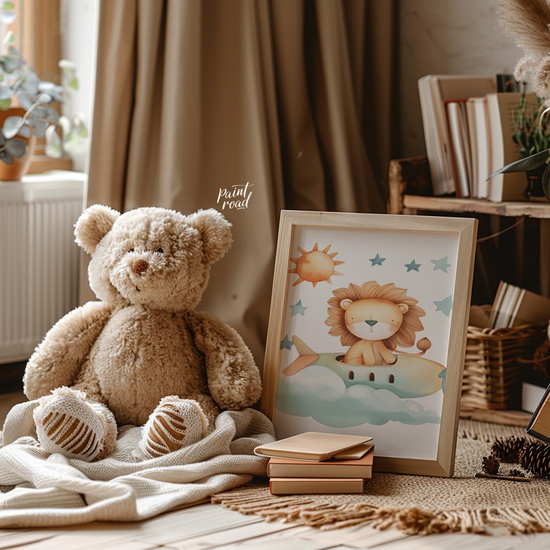 This delightful illustration captures a whimsical moment where a regal lion takes to the skies in a… for nursery