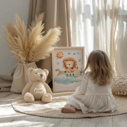This delightful illustration captures a whimsical moment where a regal lion takes to the skies in a… for nursery