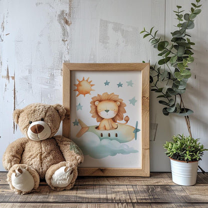 This delightful illustration captures a whimsical moment where a regal lion takes to the skies in a… for nursery