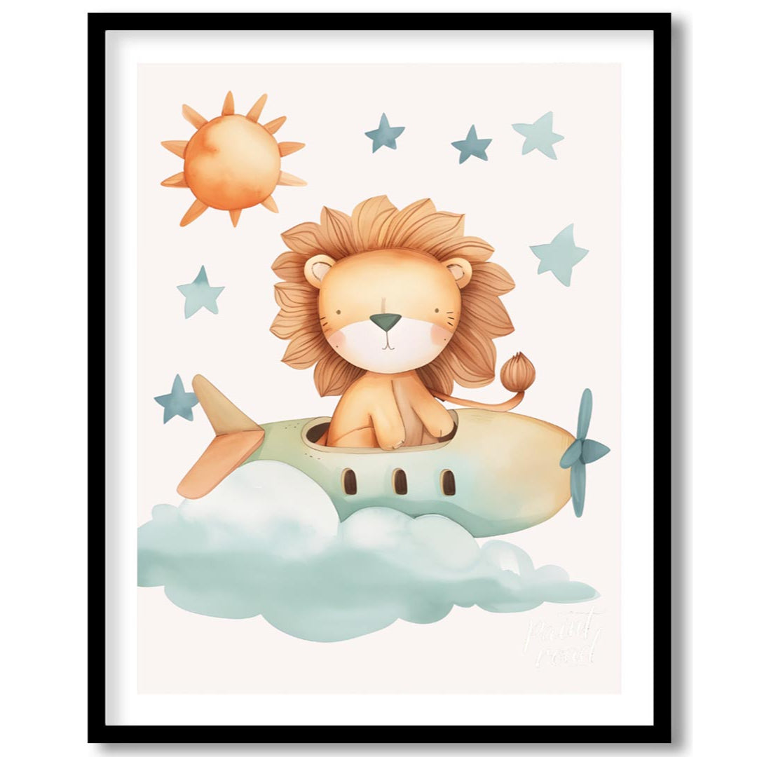 This delightful illustration captures a whimsical moment where a regal lion takes to the skies in a… for room