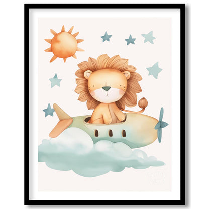 This delightful illustration captures a whimsical moment where a regal lion takes to the skies in a… for room