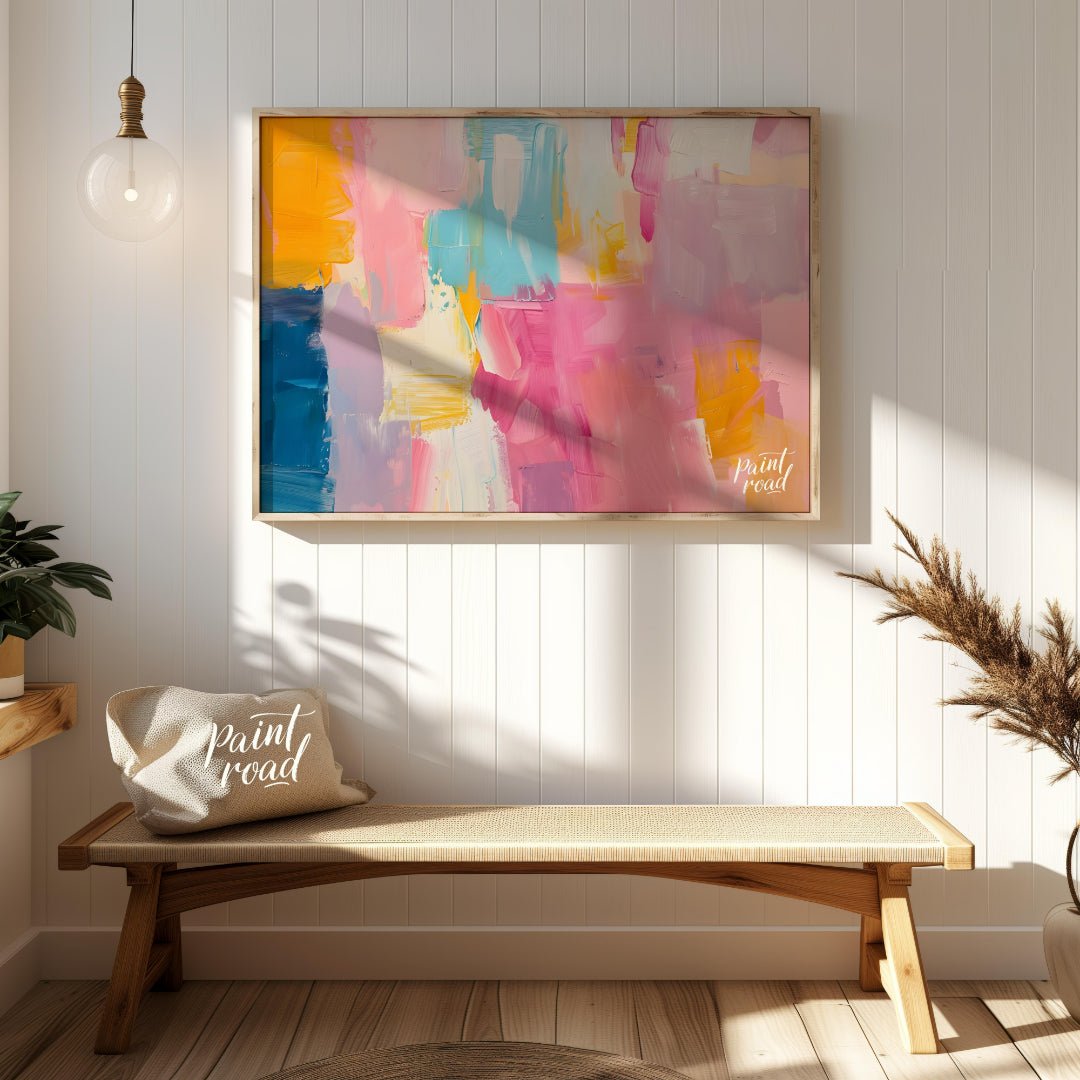 This abstract painting is a symphony of soft, blended strokes, creating a visually soothing and har… for entryway