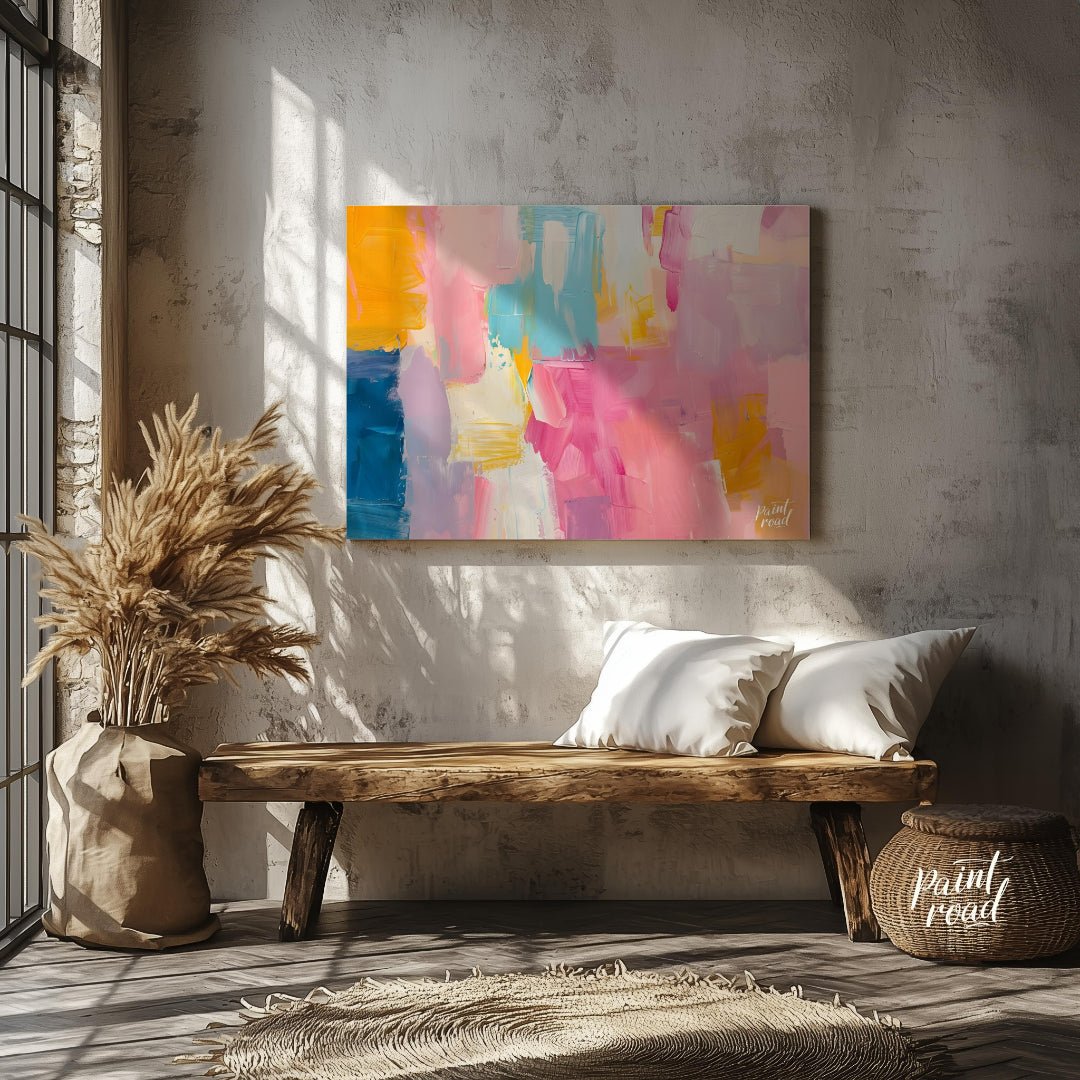 This abstract painting is a symphony of soft, blended strokes, creating a visually soothing and har… for entryway