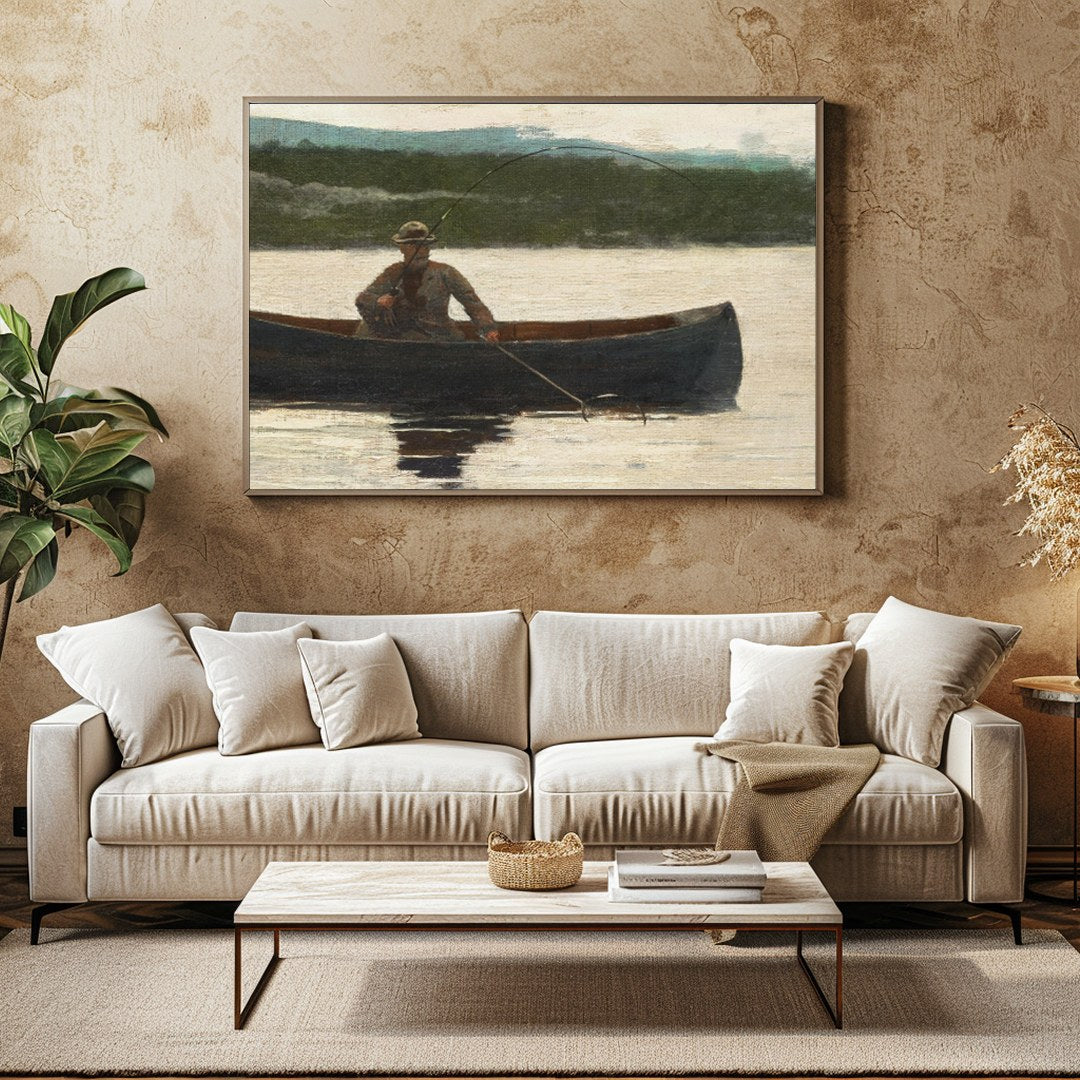Capture the essence of solitude and serenity with this evocative artwork of a lone fisherman in a for Family Room