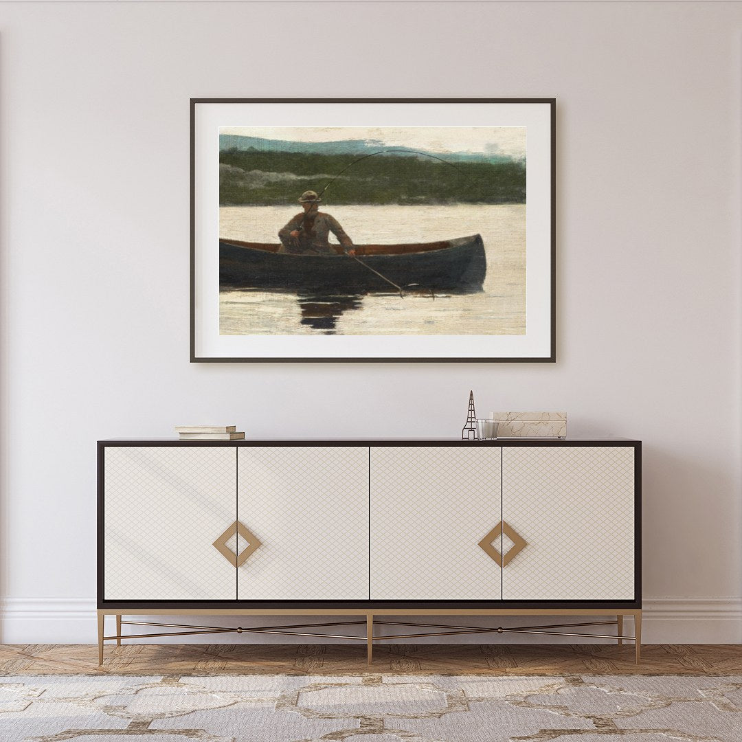 Capture the essence of solitude and serenity with this evocative artwork of a lone fisherman in a for Foyer