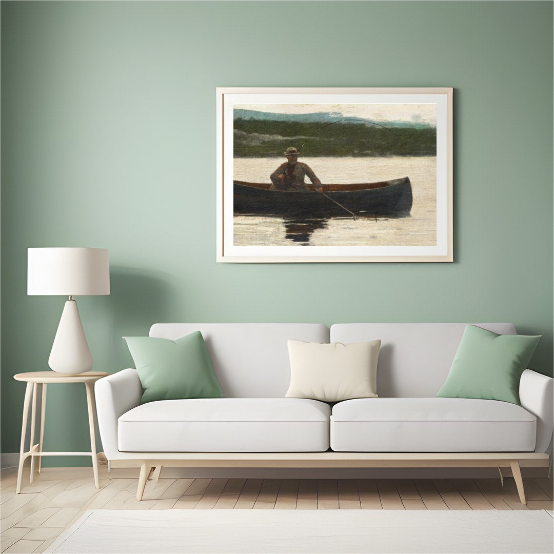 Capture the essence of solitude and serenity with this evocative artwork of a lone fisherman in a for Hall