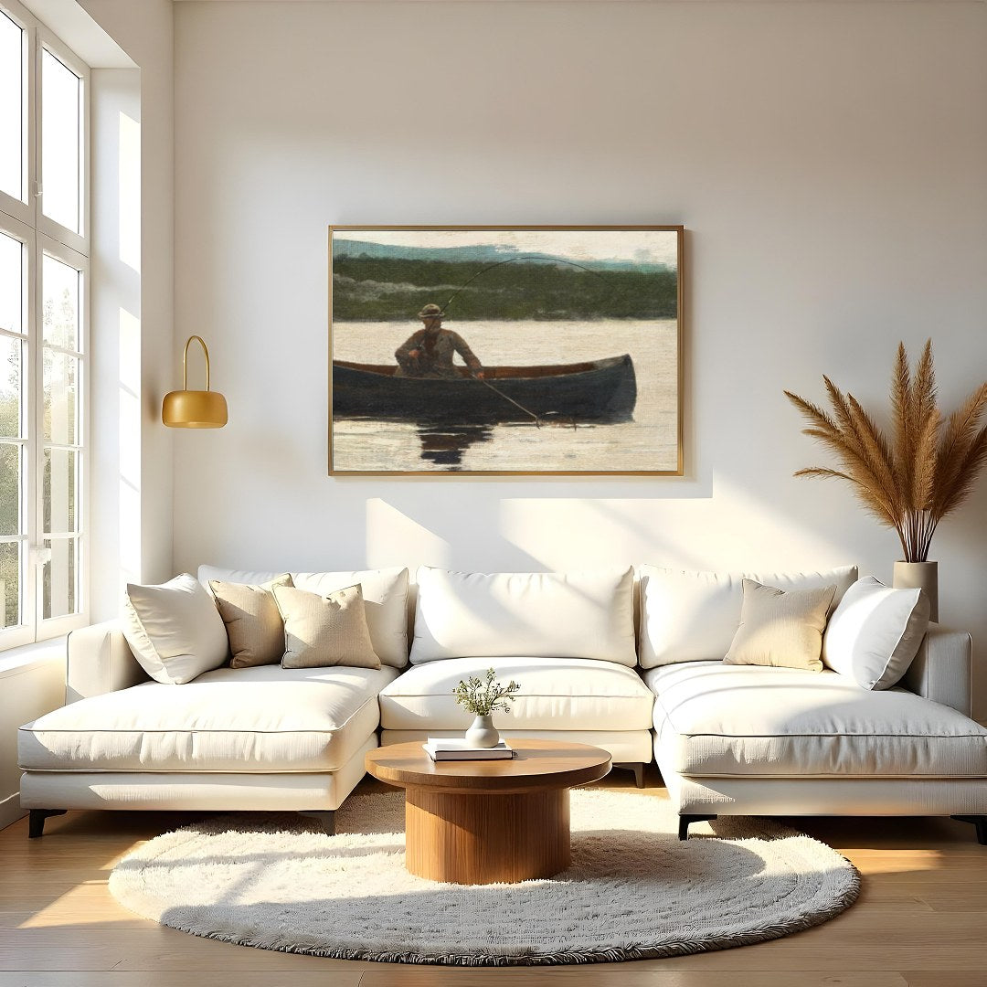 Capture the essence of solitude and serenity with this evocative artwork of a lone fisherman in a for Living Room