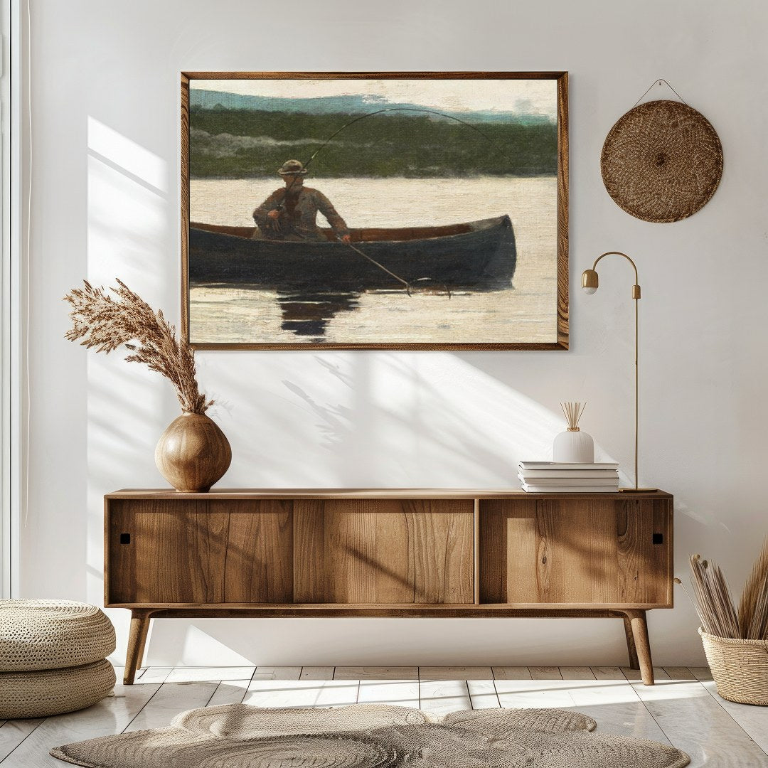 Capture the essence of solitude and serenity with this evocative artwork of a lone fisherman in a for Sitting Area