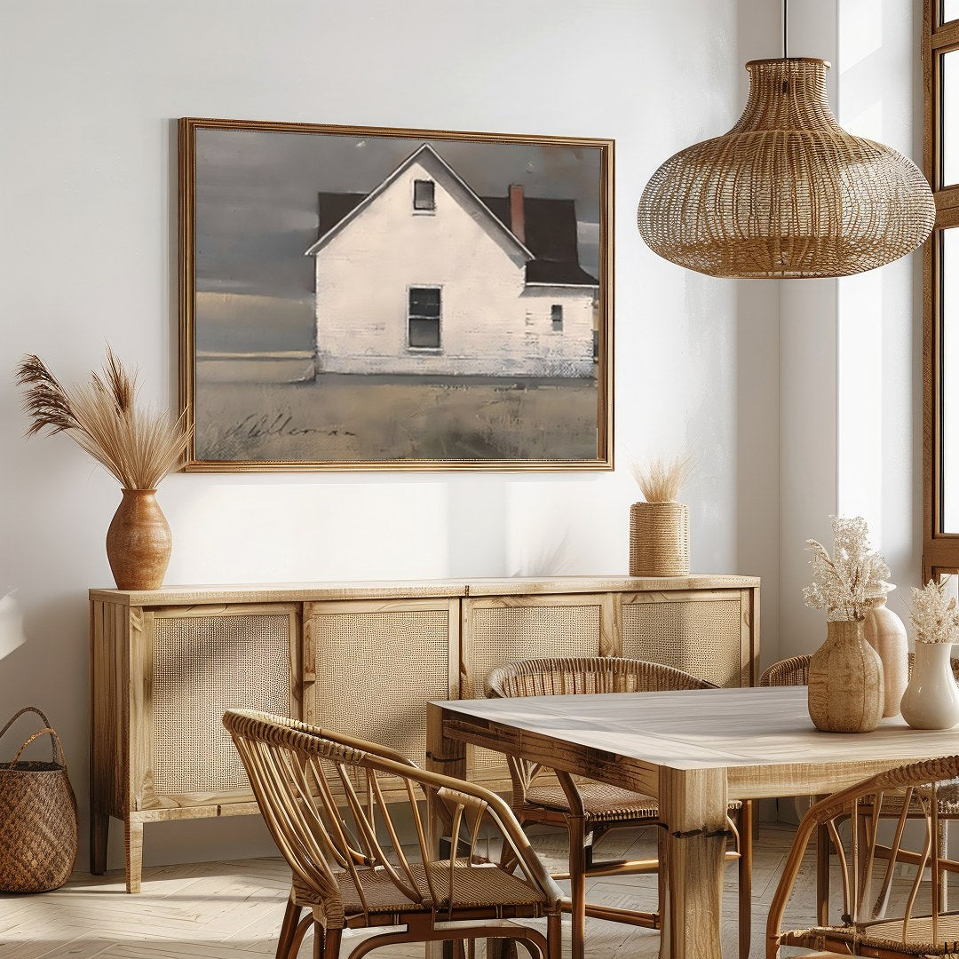 This captivating artwork features a solitary cottage standing resiliently under a majestic, for Dining