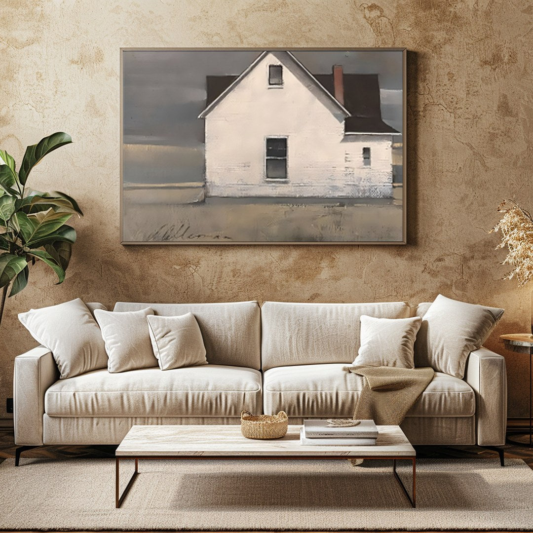This captivating artwork features a solitary cottage standing resiliently under a majestic, for Family Room