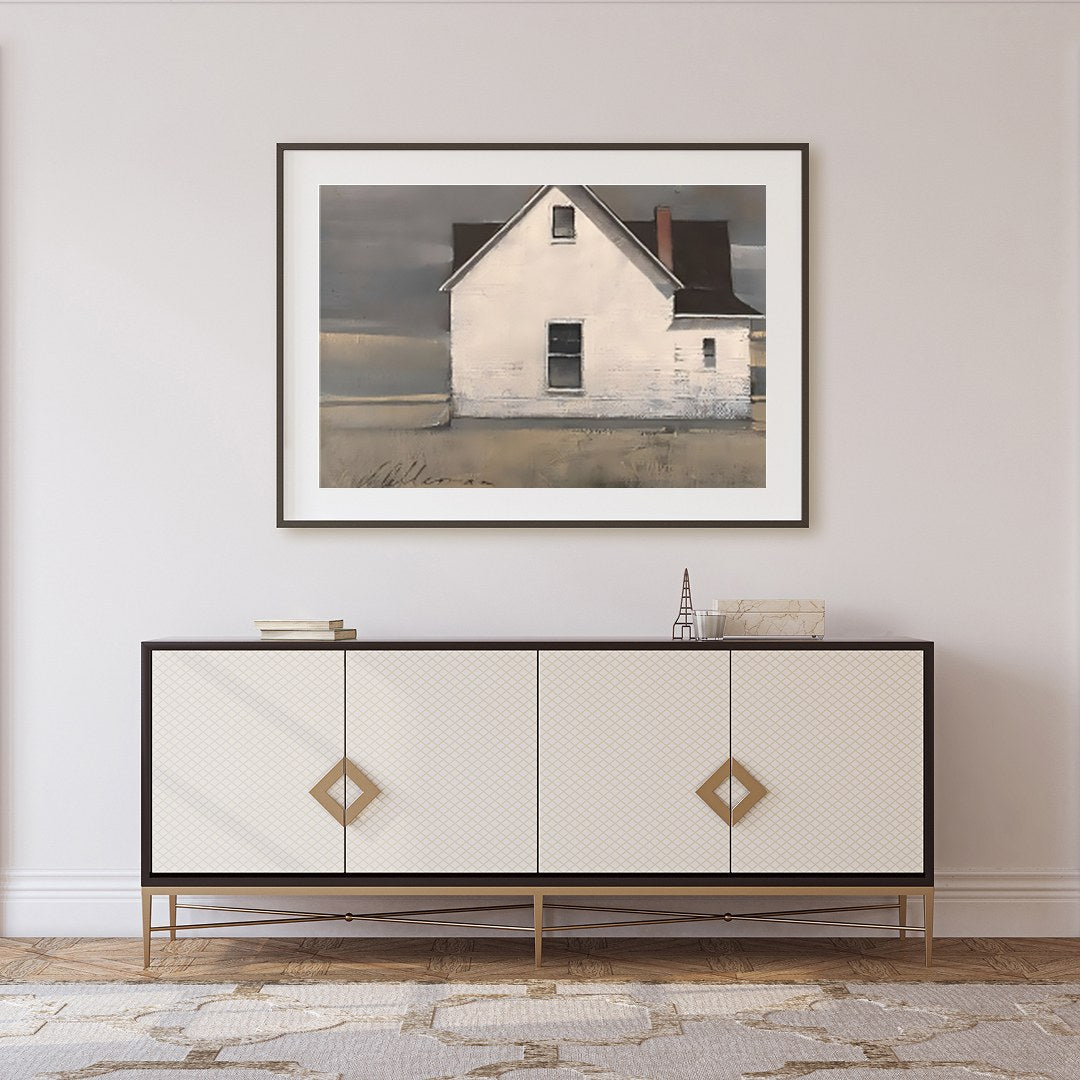 This captivating artwork features a solitary cottage standing resiliently under a majestic, for Foyer