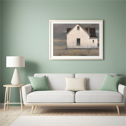 This captivating artwork features a solitary cottage standing resiliently under a majestic, for Hall