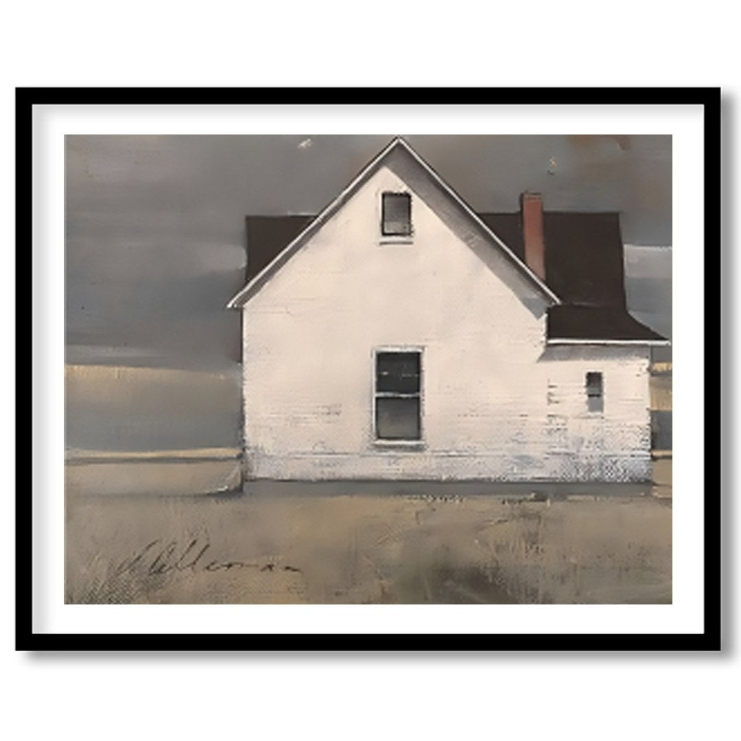 This captivating artwork features a solitary cottage standing resiliently under a majestic, for interior