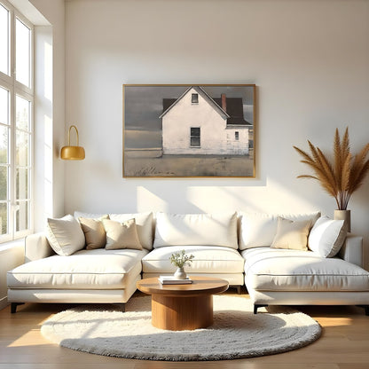 This captivating artwork features a solitary cottage standing resiliently under a majestic, for Living Room