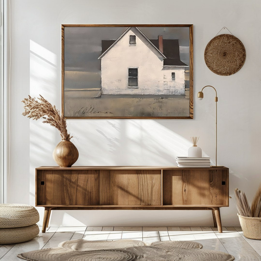 This captivating artwork features a solitary cottage standing resiliently under a majestic, for Sitting Area