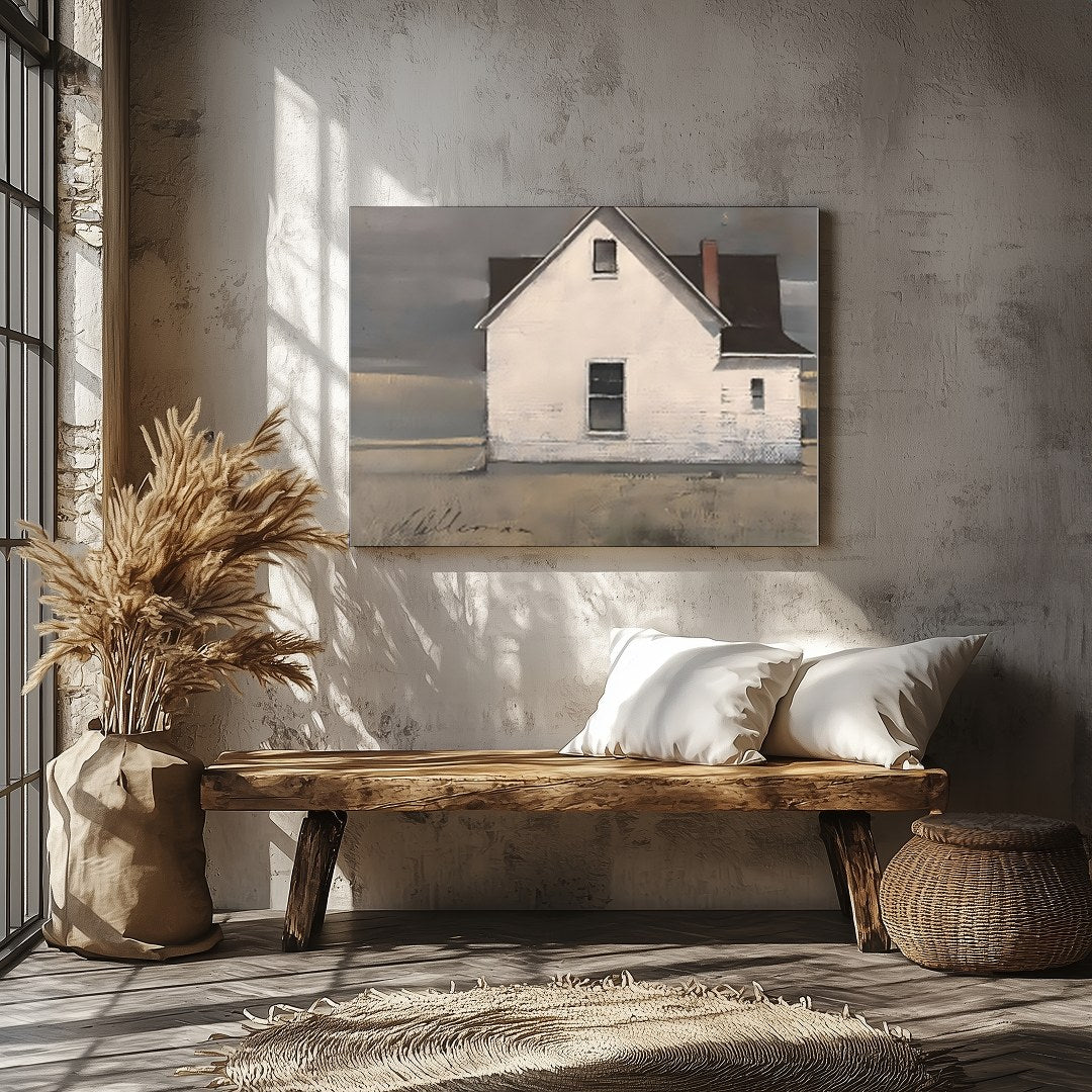 This captivating artwork features a solitary cottage standing resiliently under a majestic, for Veranda