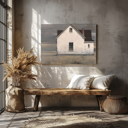This captivating artwork features a solitary cottage standing resiliently under a majestic, for Veranda