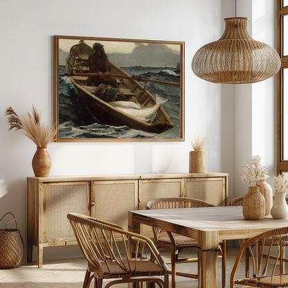 Dive into the turbulent seas with this captivating maritime artwork. A solitary fisherman navigates for Dining