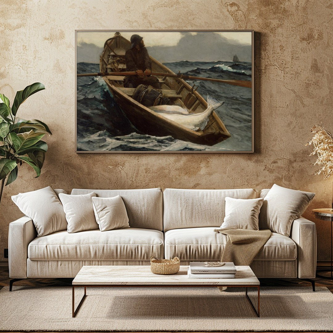 Dive into the turbulent seas with this captivating maritime artwork. A solitary fisherman navigates for Family Room