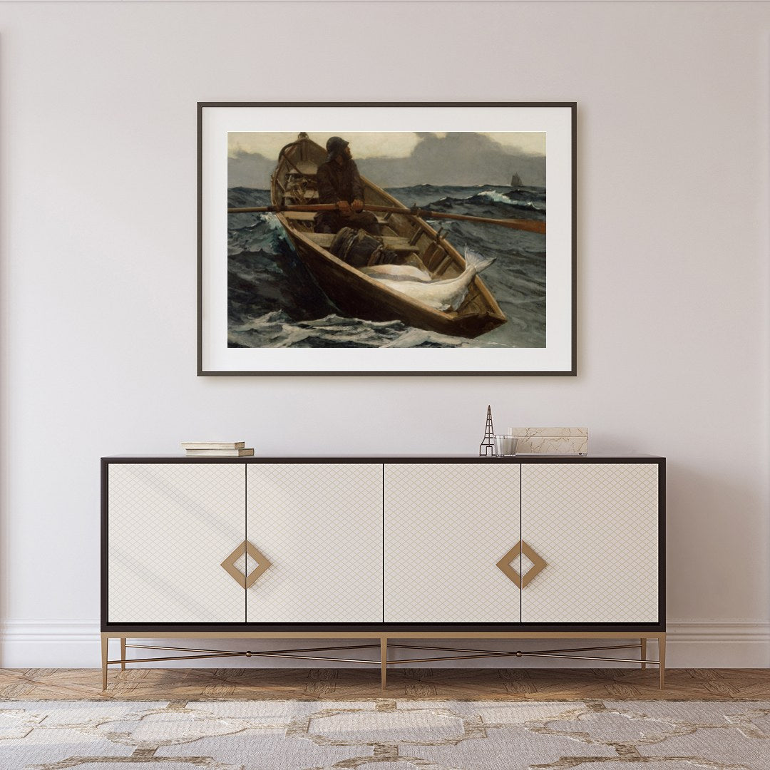 Dive into the turbulent seas with this captivating maritime artwork. A solitary fisherman navigates for Foyer