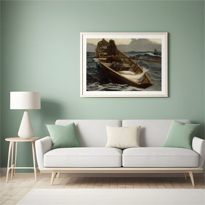 Dive into the turbulent seas with this captivating maritime artwork. A solitary fisherman navigates for Hall