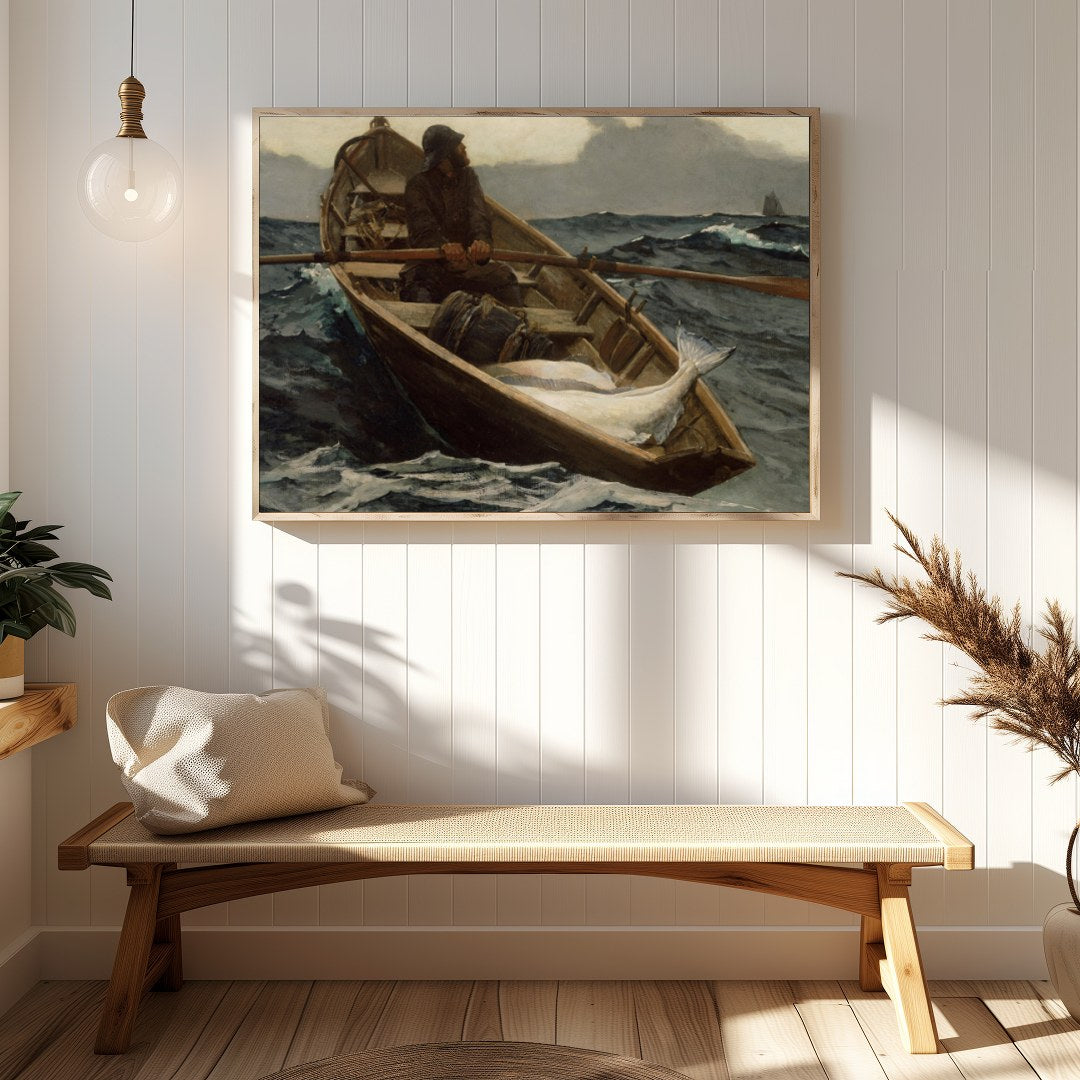 Dive into the turbulent seas with this captivating maritime artwork. A solitary fisherman navigates for Hallway