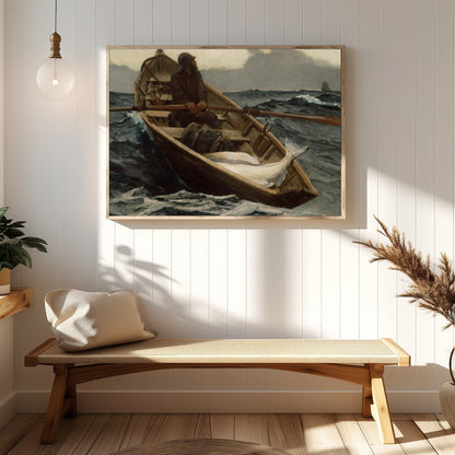 Dive into the turbulent seas with this captivating maritime artwork. A solitary fisherman navigates for Hallway