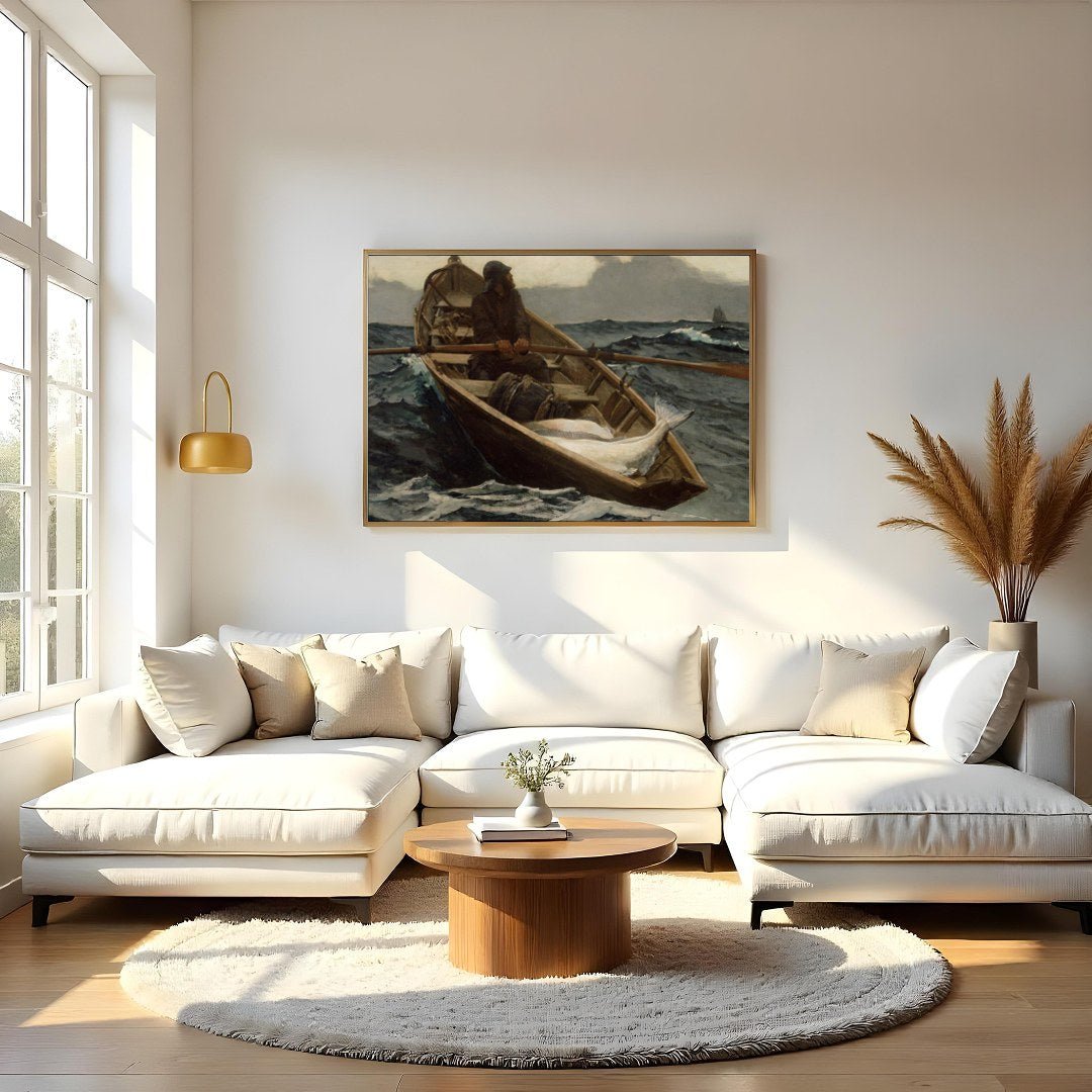 Dive into the turbulent seas with this captivating maritime artwork. A solitary fisherman navigates for Living Room