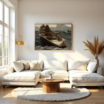 Dive into the turbulent seas with this captivating maritime artwork. A solitary fisherman navigates for Living Room