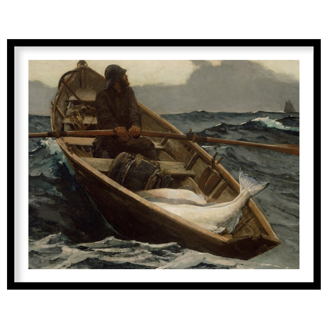 Dive into the turbulent seas with this captivating maritime artwork. A solitary fisherman navigates for sweet-home