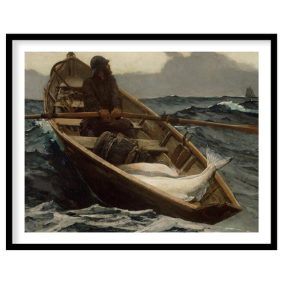 Dive into the turbulent seas with this captivating maritime artwork. A solitary fisherman navigates for sweet-home