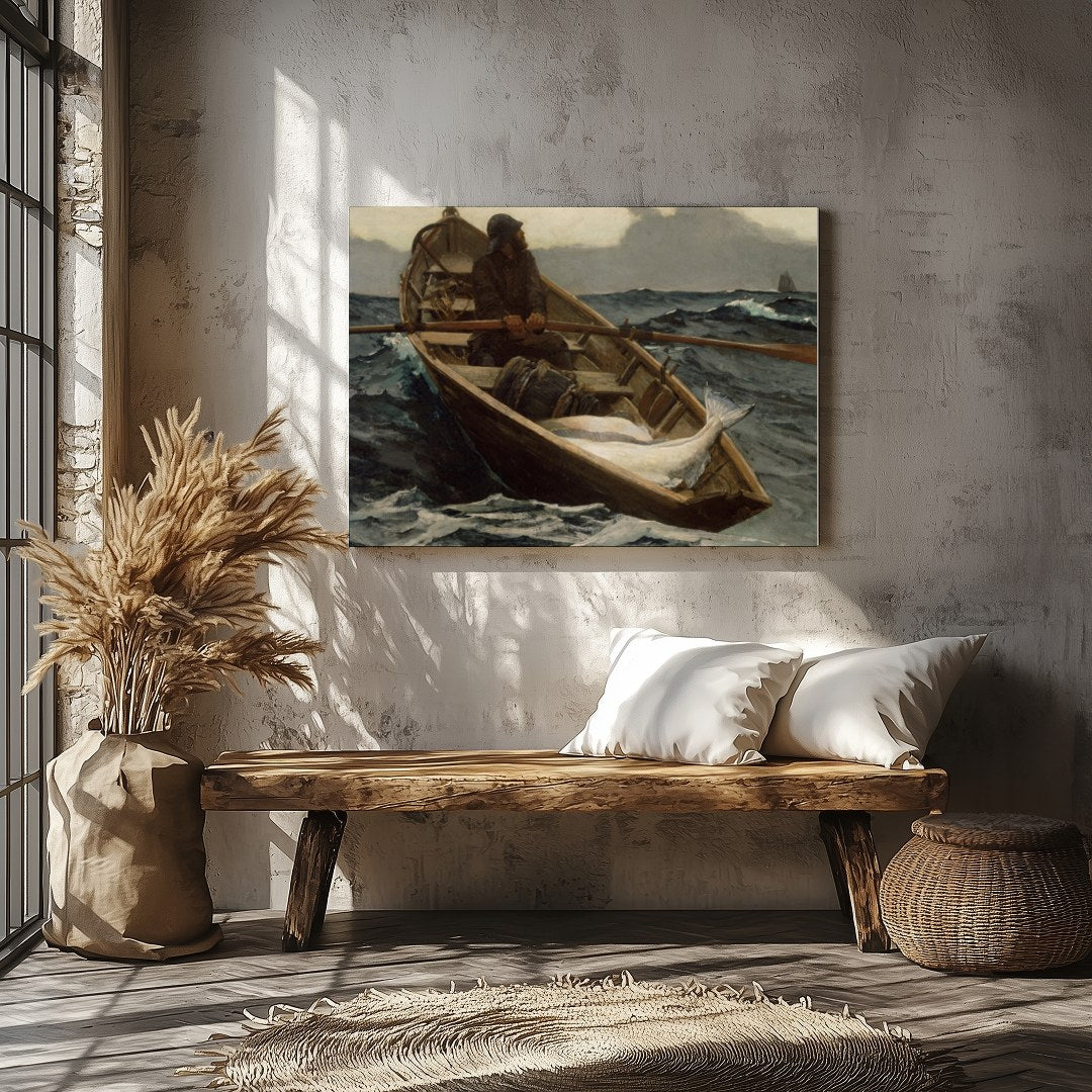 Dive into the turbulent seas with this captivating maritime artwork. A solitary fisherman navigates for Veranda